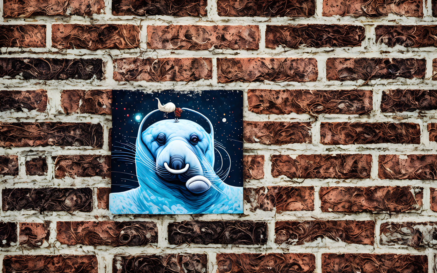 Surreal seal with human eyes and bird on rustic brick wall