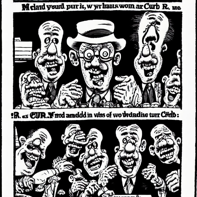 Monochrome caricature of four male faces with varied expressions