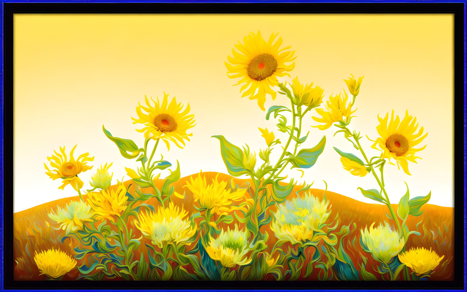 Vibrant sunflowers illustration on warm yellow background framed in blue