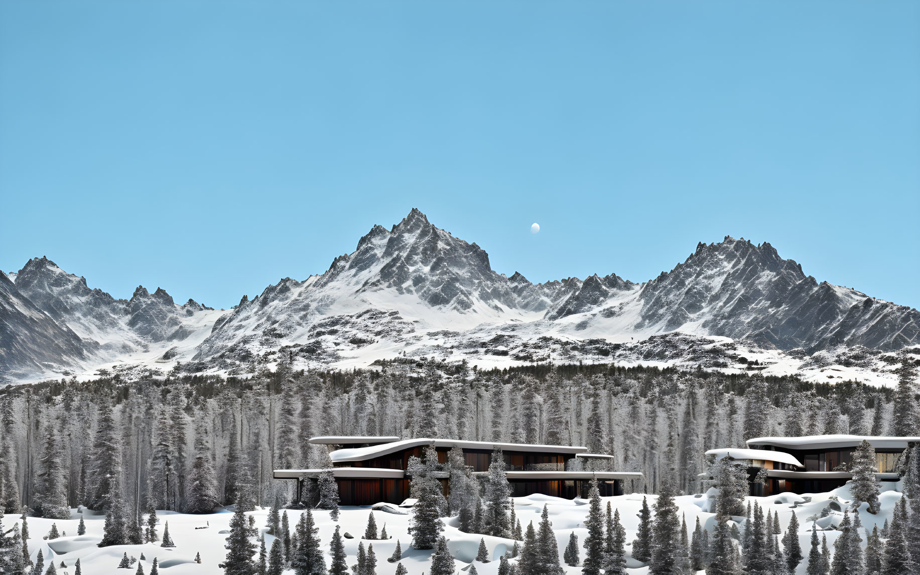 Snow-covered pine trees and modern cabins in a winter landscape