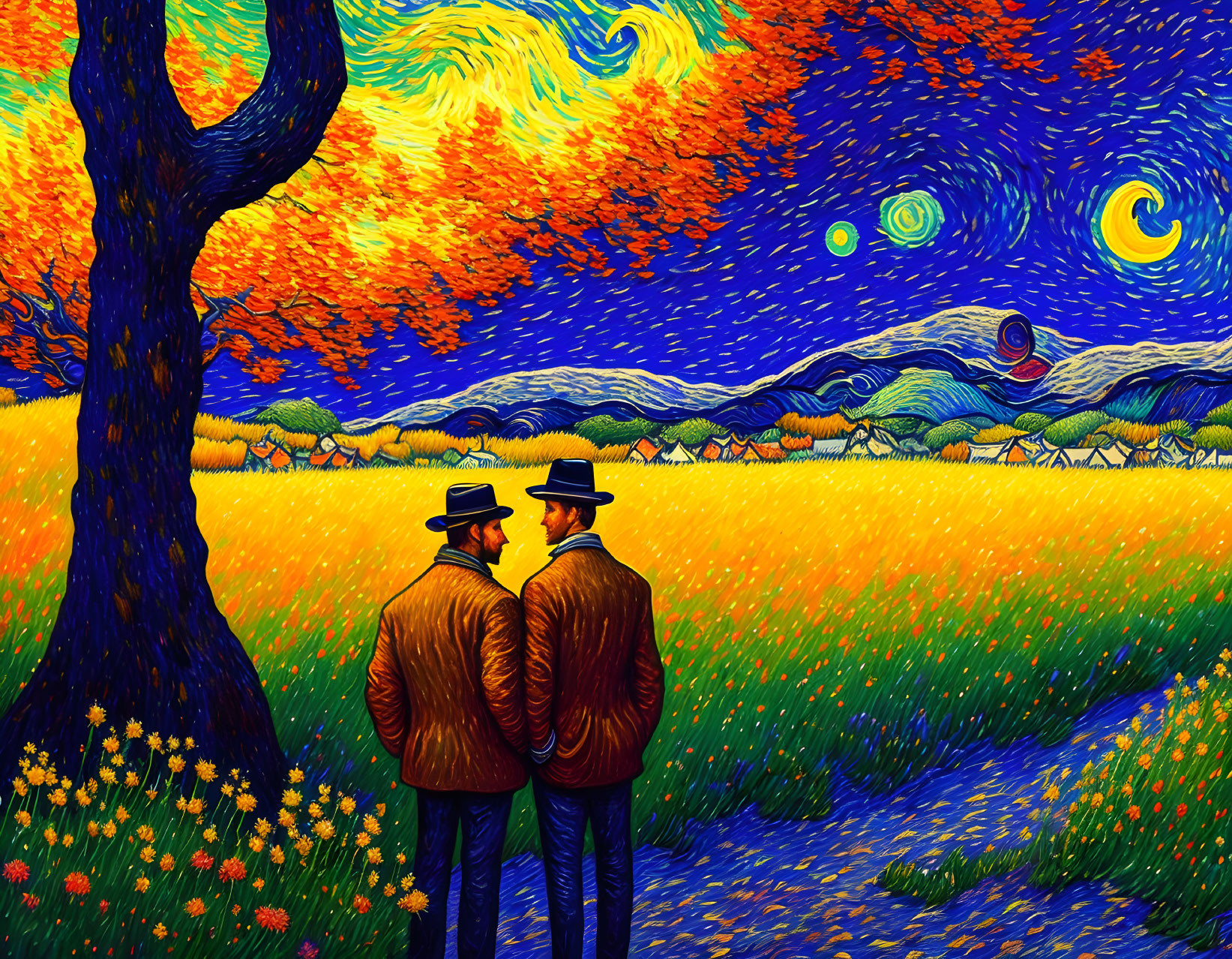 Two people in hats by vibrant, stylized landscape with swirling sky and yellow field