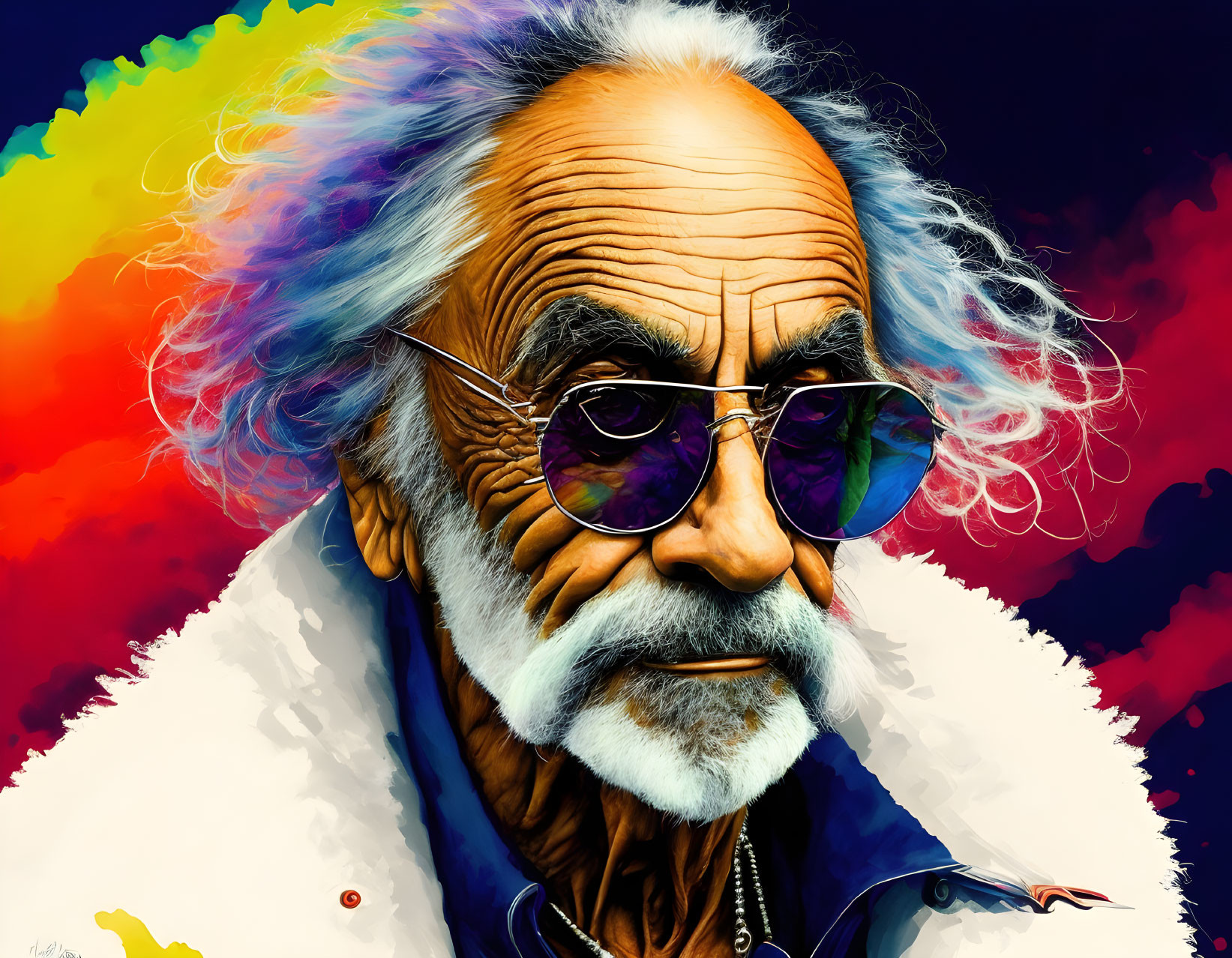 Elderly man with white beard in purple-tinted sunglasses on colorful backdrop