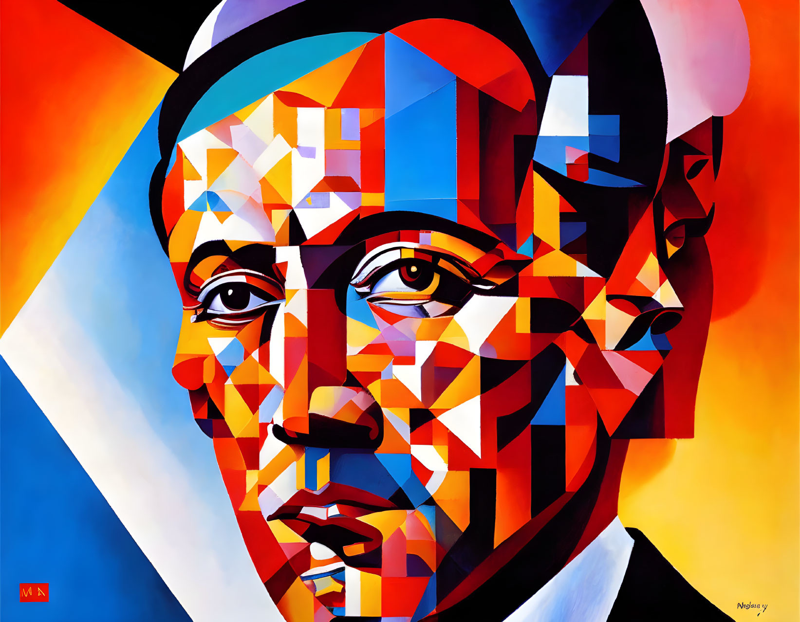 Vibrant Cubist-style portrait with geometric patterns in blue, red, orange, and yellow