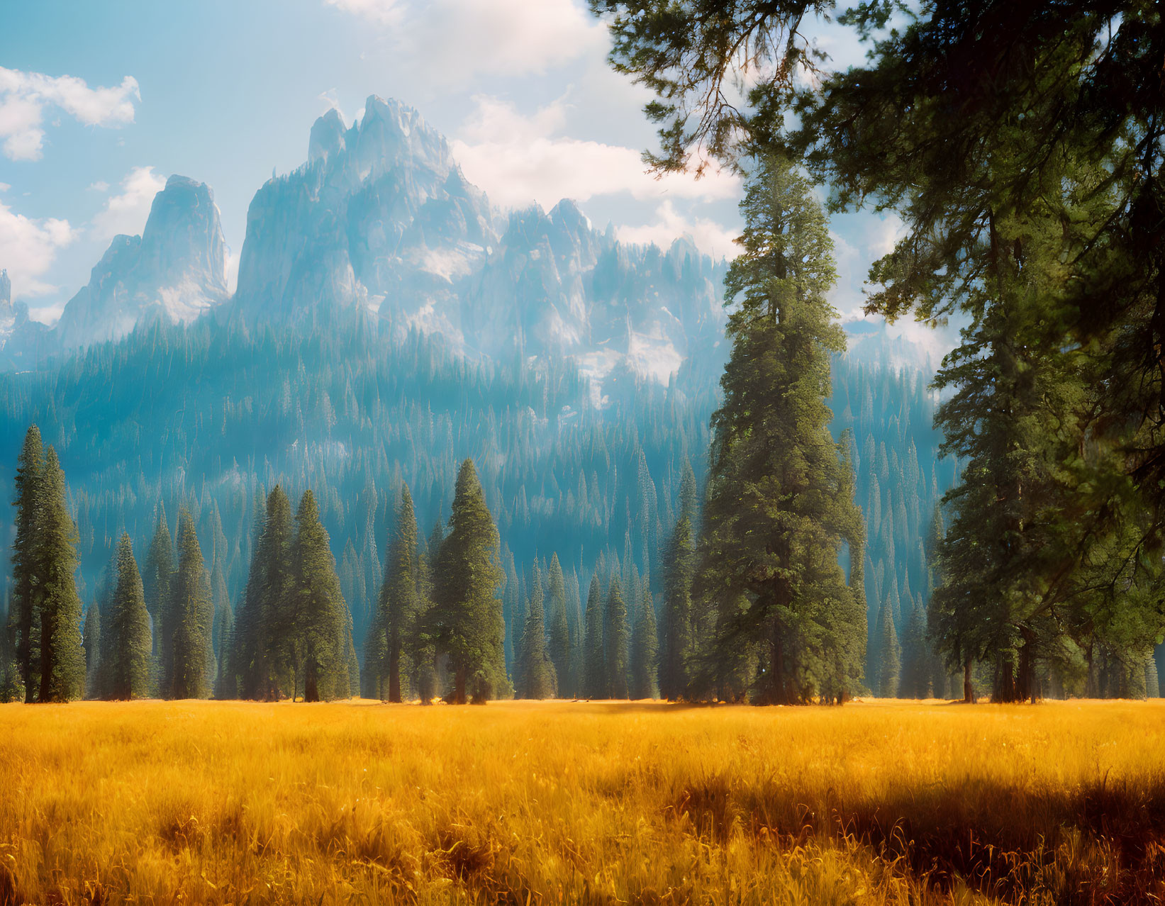 Golden field, evergreens, mountains under clear sky