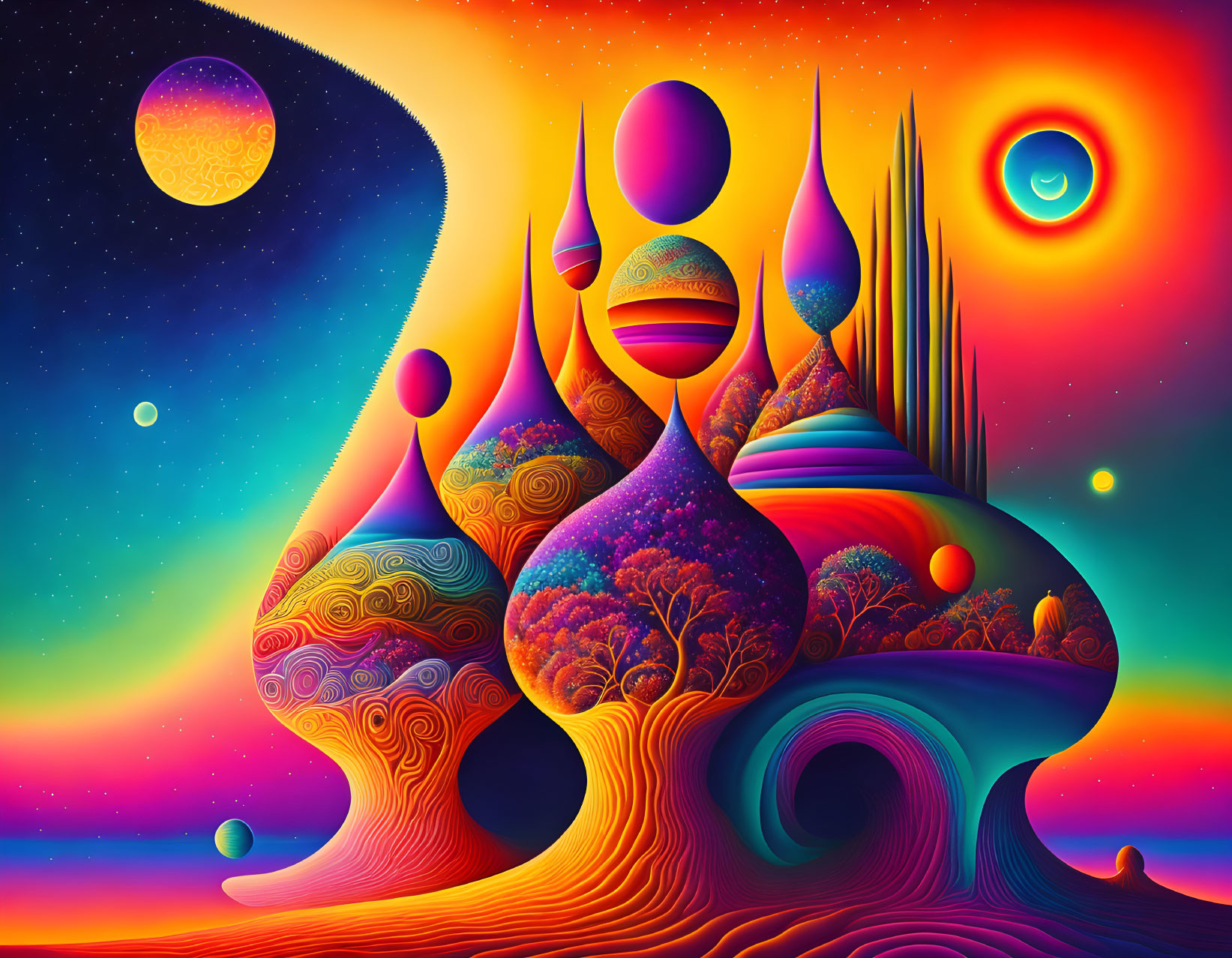 Colorful Psychedelic Landscape with Whimsical Trees and Celestial Bodies