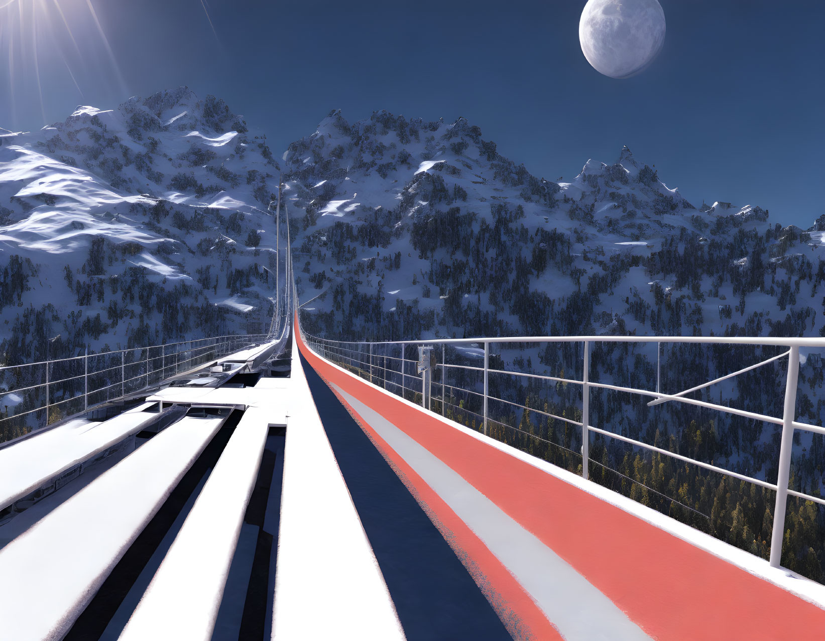 Futuristic bridge over snowy mountains under moonlit sky