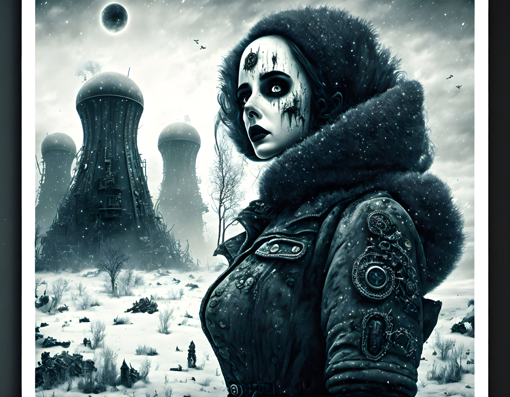 Woman in fur-lined coat in snowy landscape with futuristic towers and planets in sky.