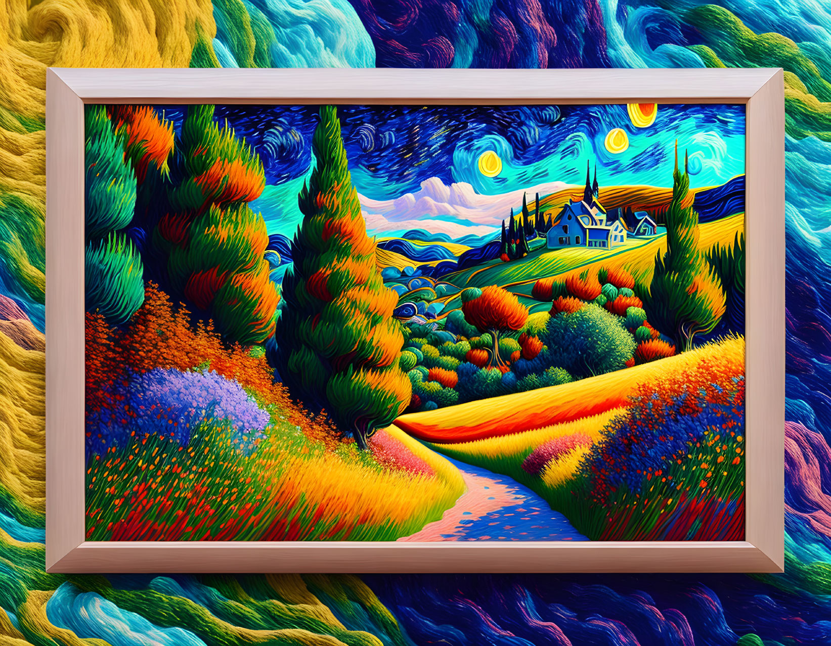 Colorful Stylized Landscape Painting with Swirling Skies and Lush Trees