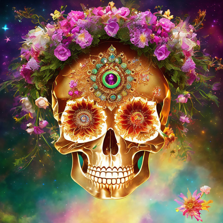 Decorative skull with vibrant flowers and jewelry on cosmic background