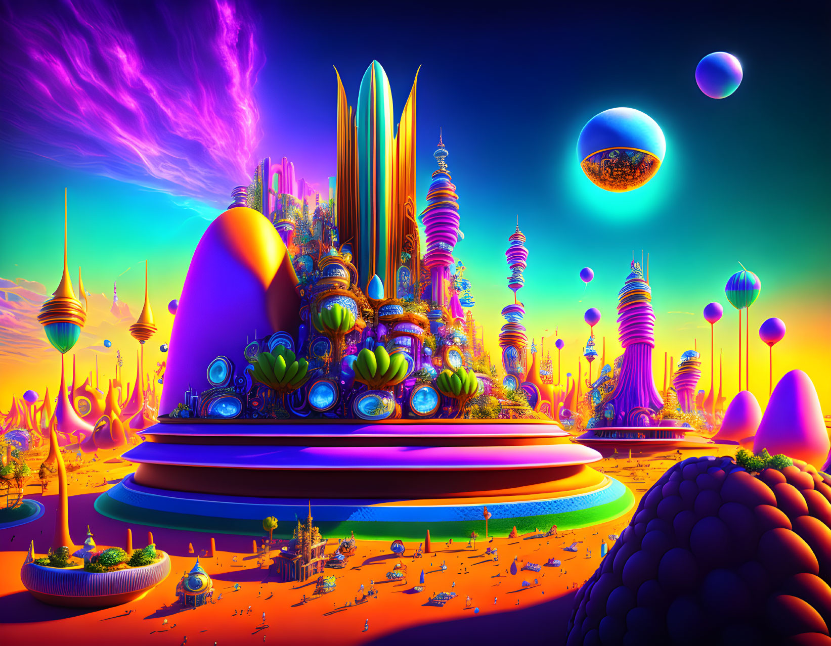 Colorful Sci-Fi Cityscape with Alien Skyline & Purple Nebula