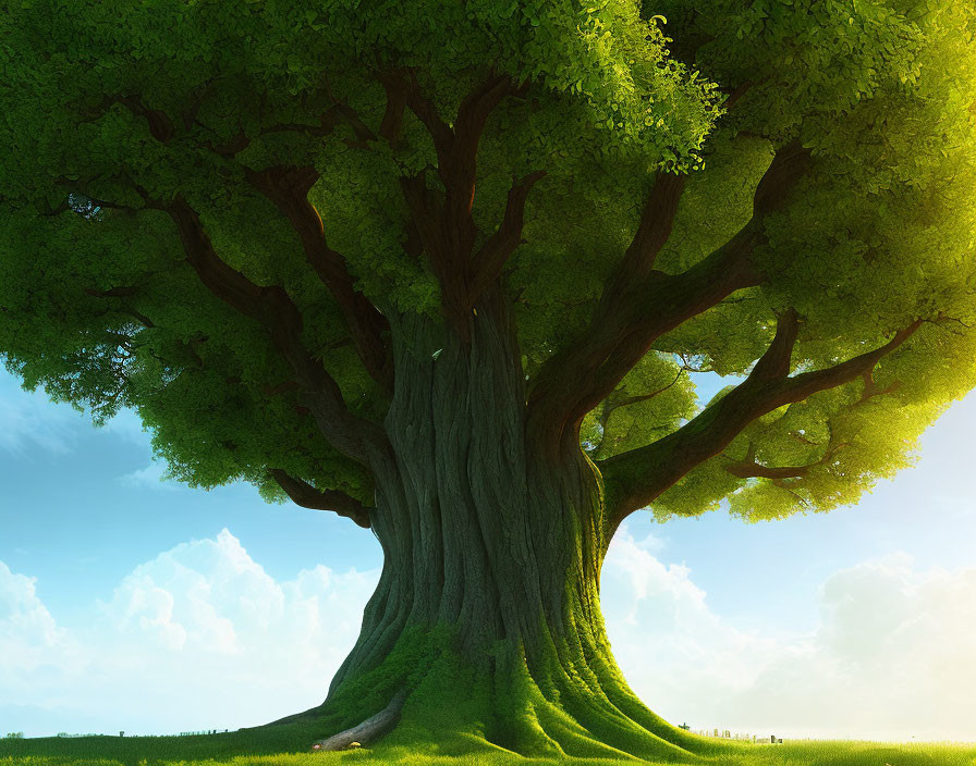 Majestic large tree with lush green foliage under bright blue sky