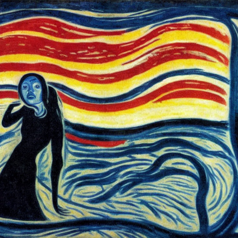 Shocked figure against swirling sky and fiery landscape