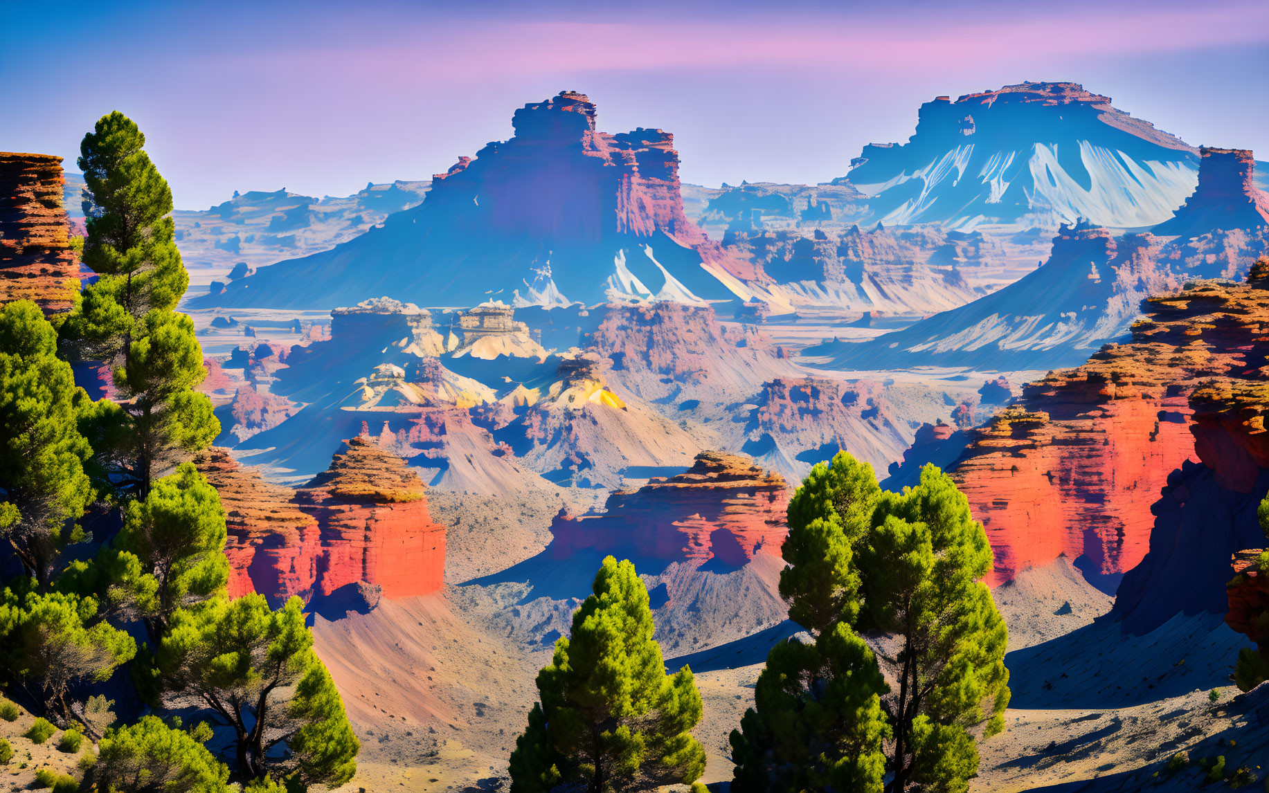 Colorful desert landscape with rock formations and greenery under clear sky