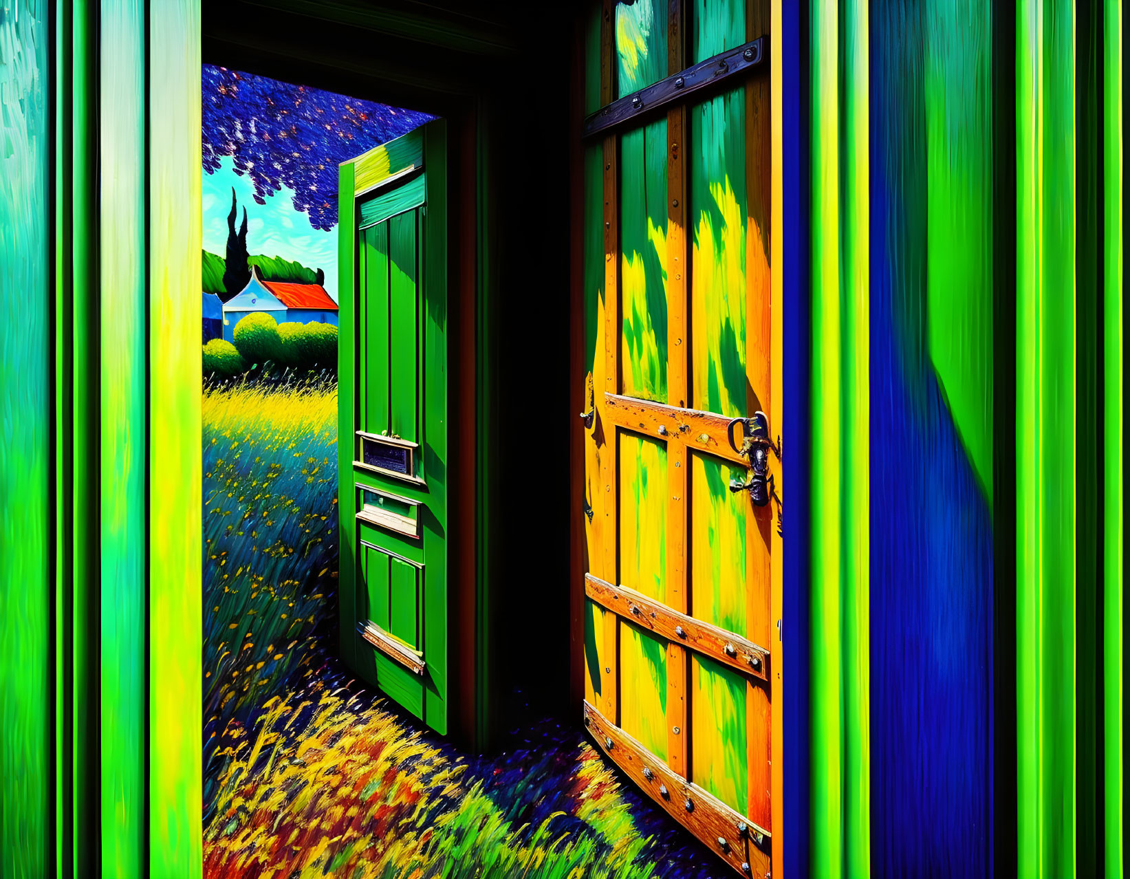 Colorful corridor with vibrant green door and night sky scenery