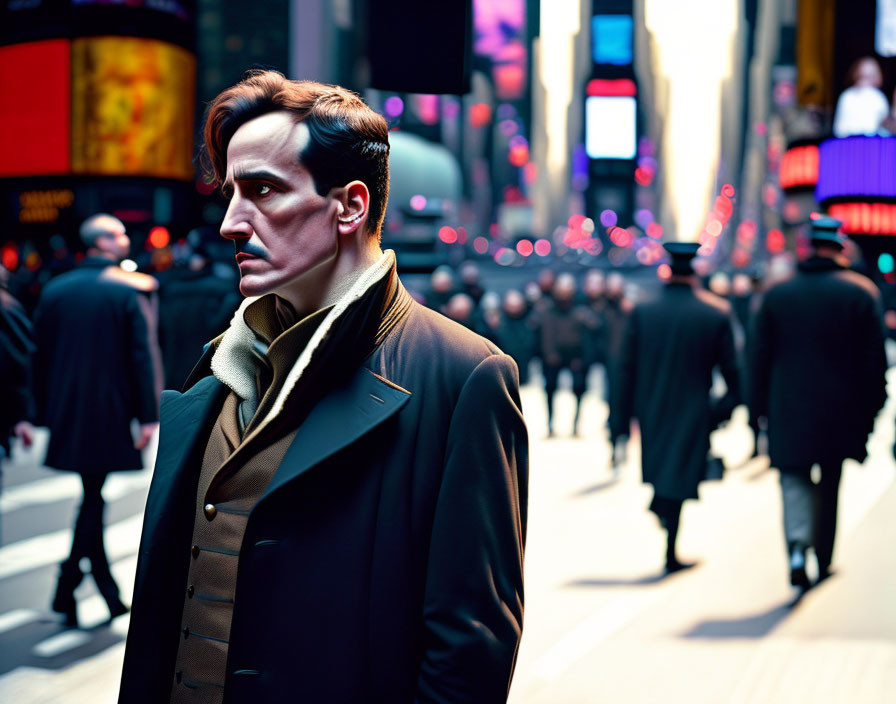 Man in dark coat and beige scarf on busy urban street