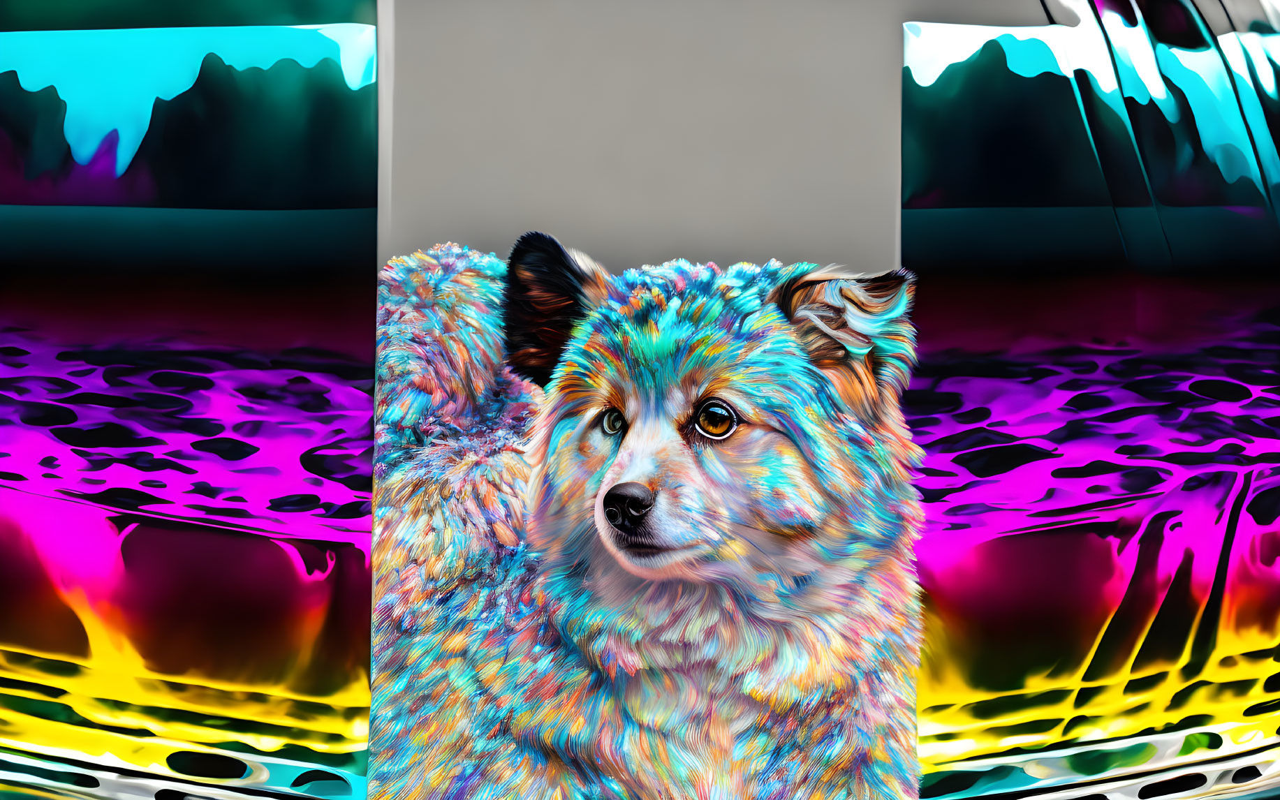 Colorful artwork: Psychedelic dog in blue, purple, and pink on abstract background