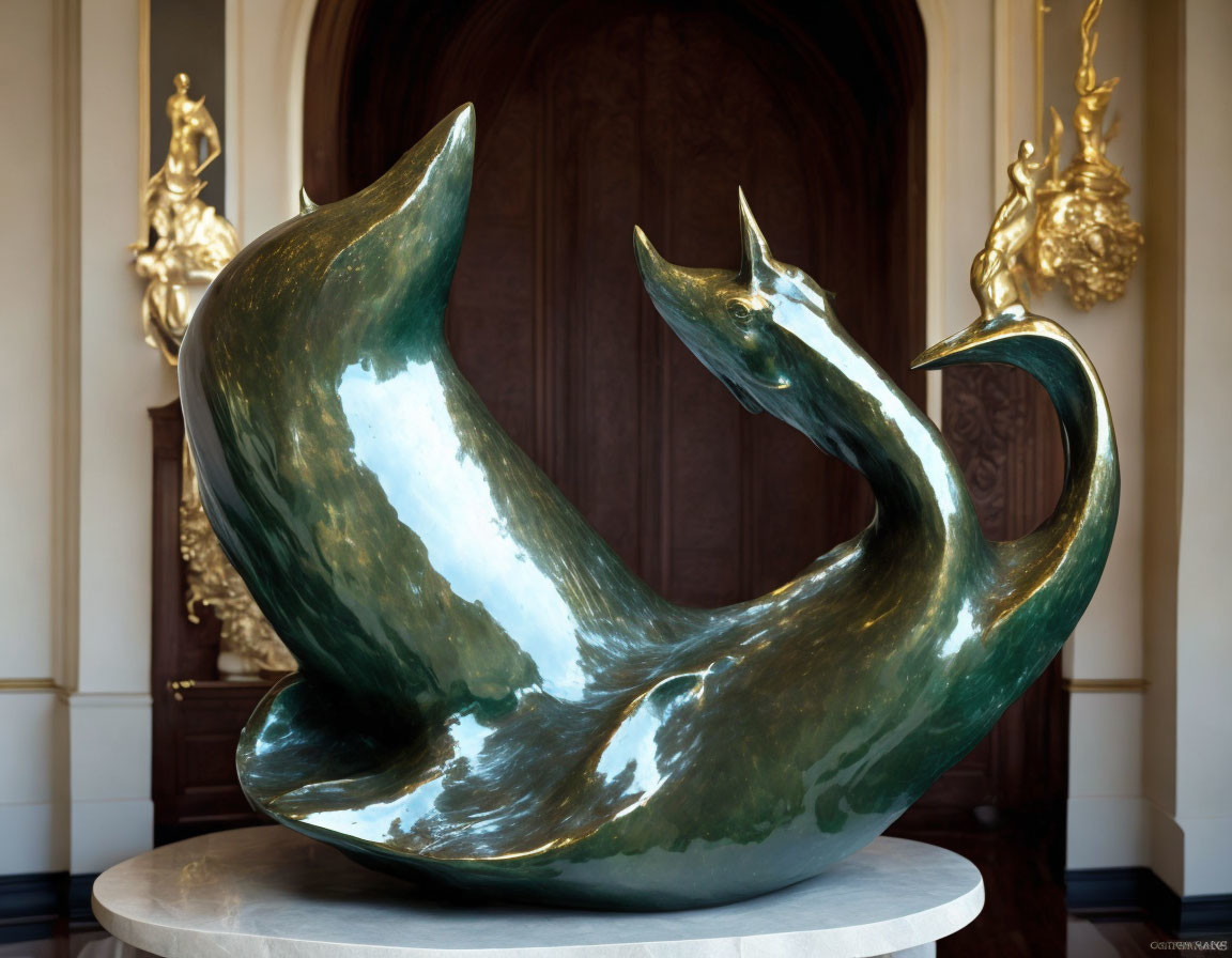 Two intertwined swans sculpture in glossy green and white in elegant room.