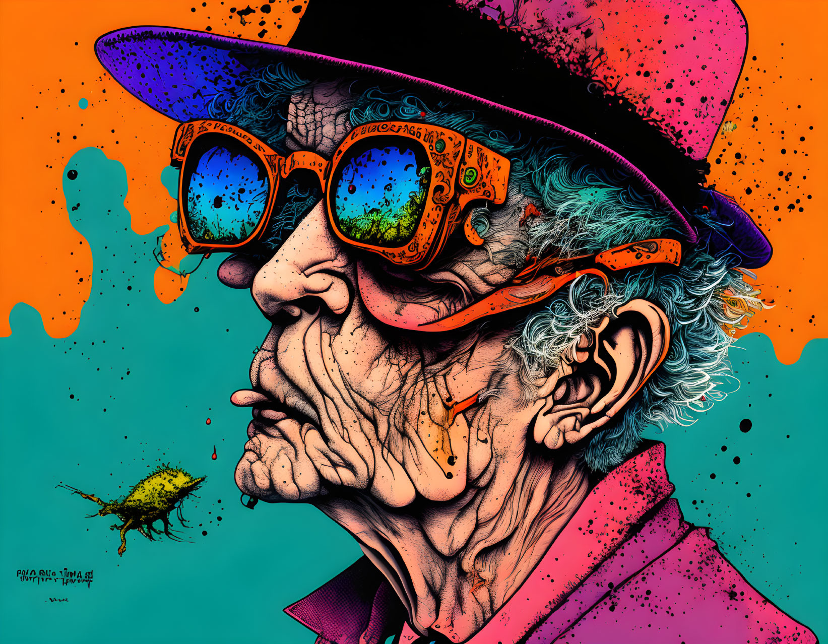 Colorful illustration of elderly person in pink hat and orange glasses on splattered background