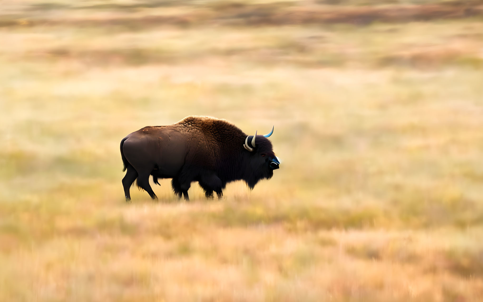 Solitary bison in sunlit plain with golden grasses