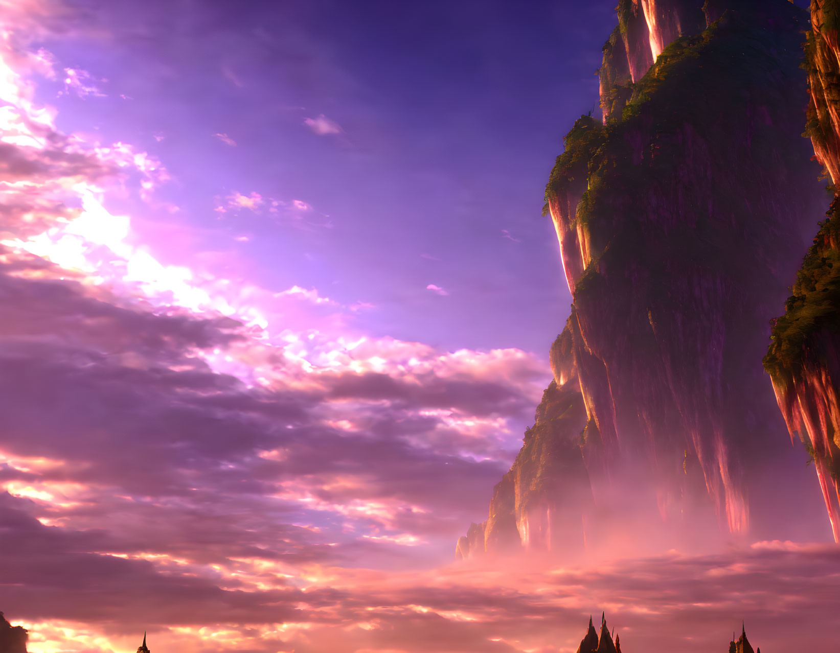 Serene landscape with purple and pink sky, cliffs, waterfalls