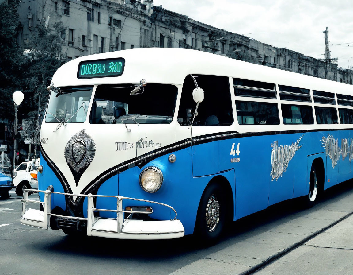 Vintage Blue and White Bus with Cyrillic Script on City Street