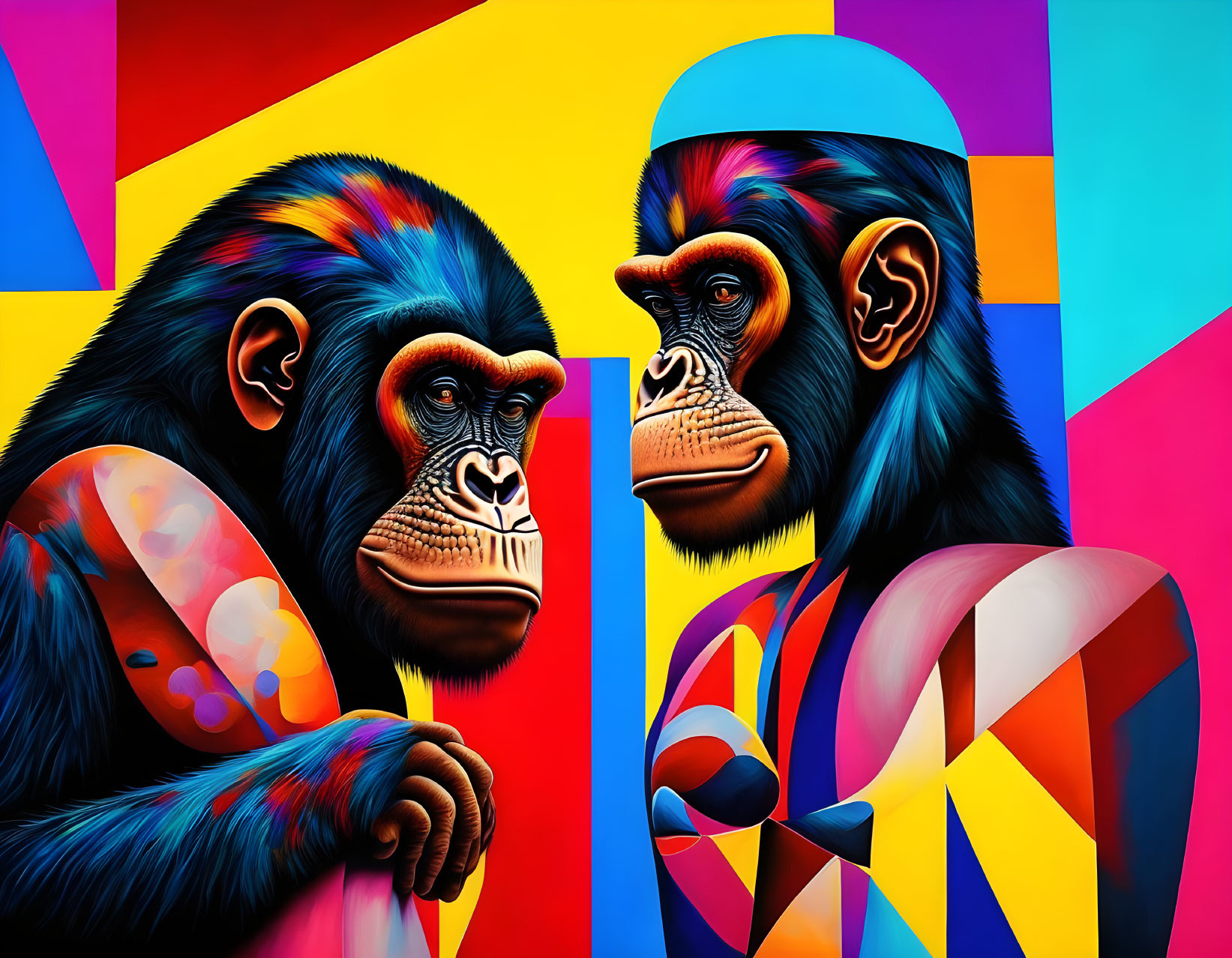 Vibrant geometric patterns on chimpanzees in colorful artwork