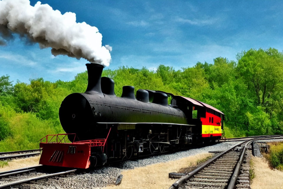 Vintage Black Steam Locomotive and Red Caboose Traveling Through Green Landscape