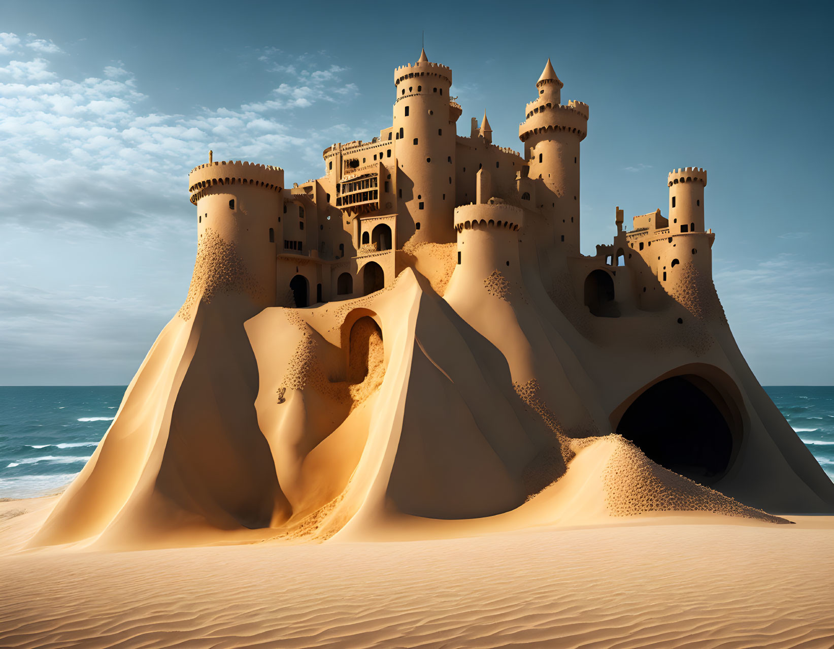 Elaborate Sandcastle with Multiple Towers on Sandy Beach