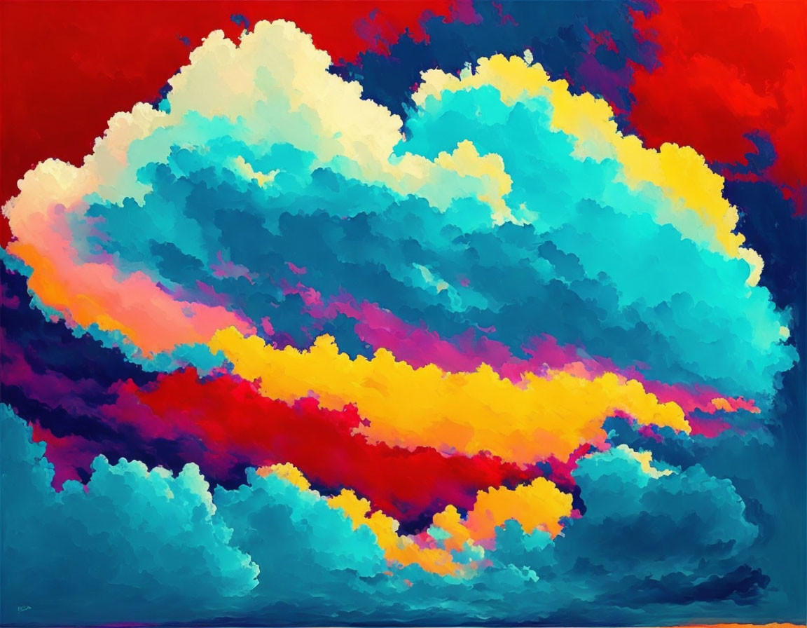 Vibrant abstract art with cloud-like forms in blues, reds, yellows, and whites