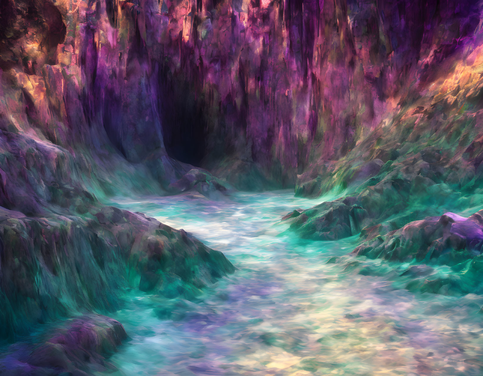 Colorful digital artwork of mystical river in purple and green canyon