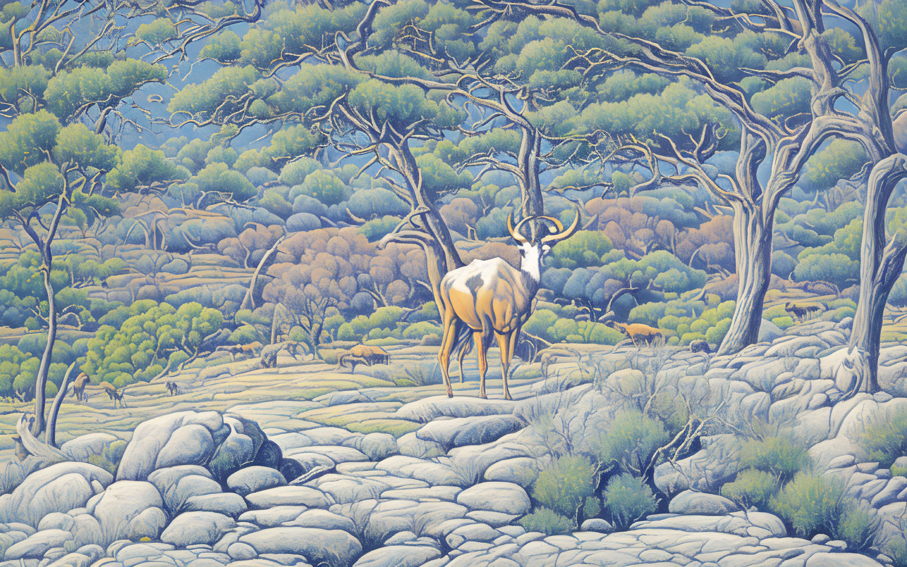 Antelope in Stone Landscape with Trees and Others