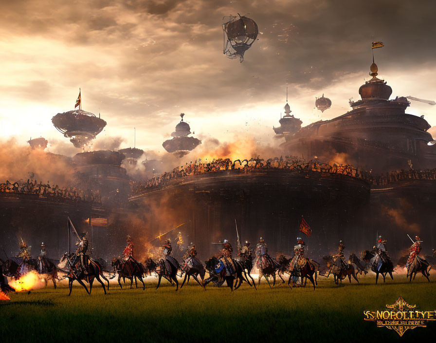 Armored knights on horseback in fantasy battle scene with floating islands, airships, and fiery ambiance