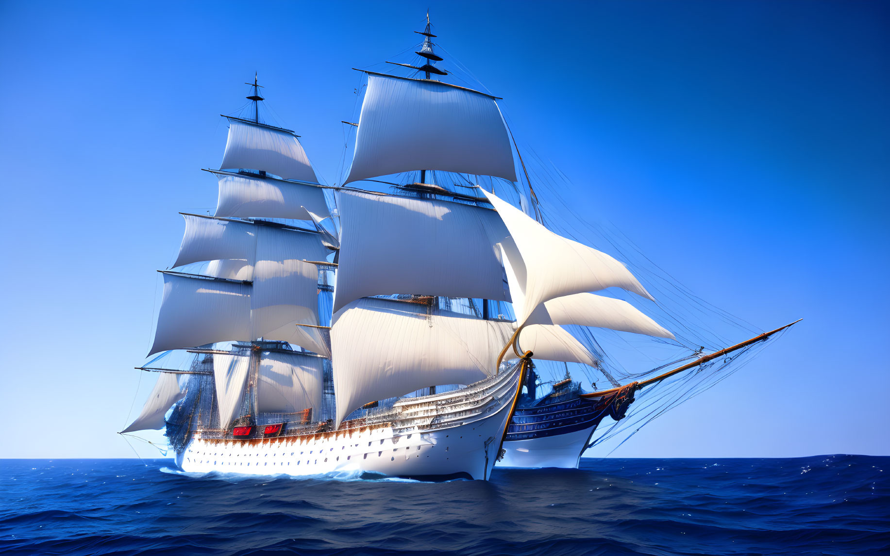 Sailing tall ship with white sails on calm blue ocean