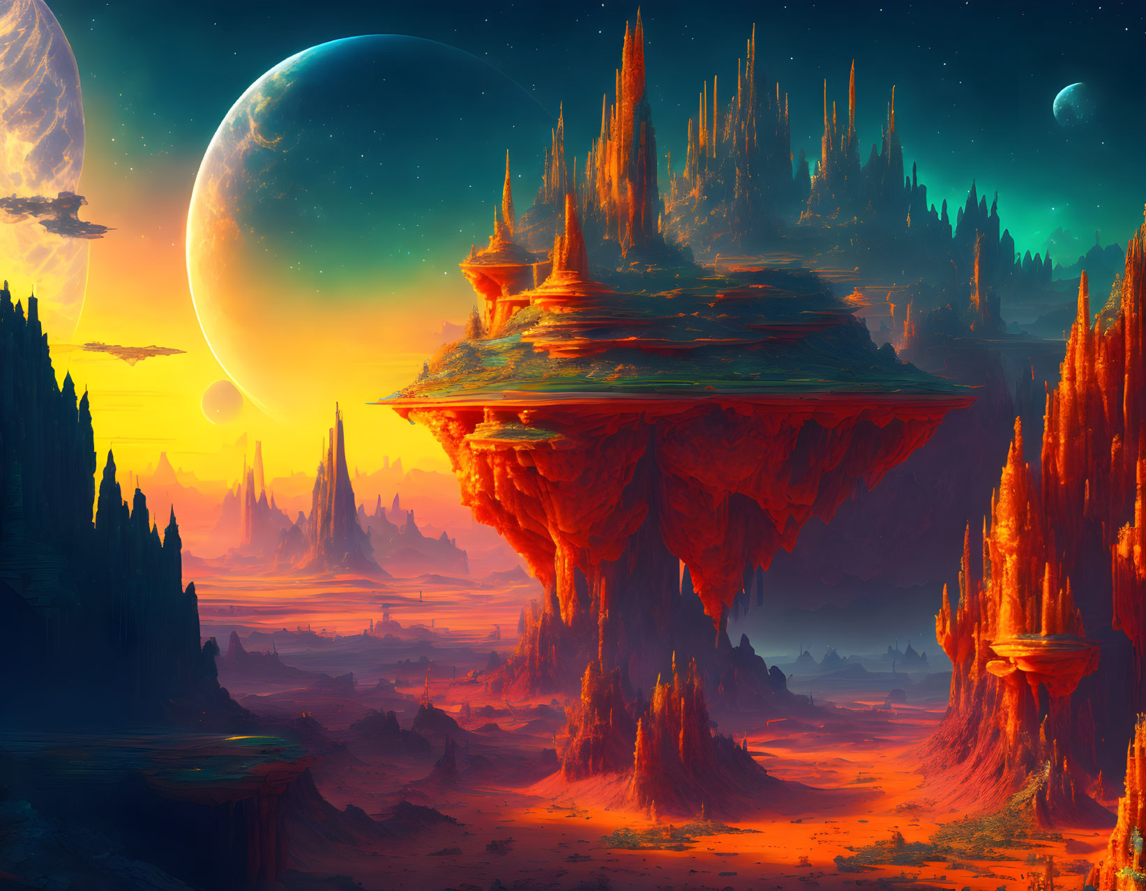 Vibrant sci-fi landscape with red rock formations and large moon.