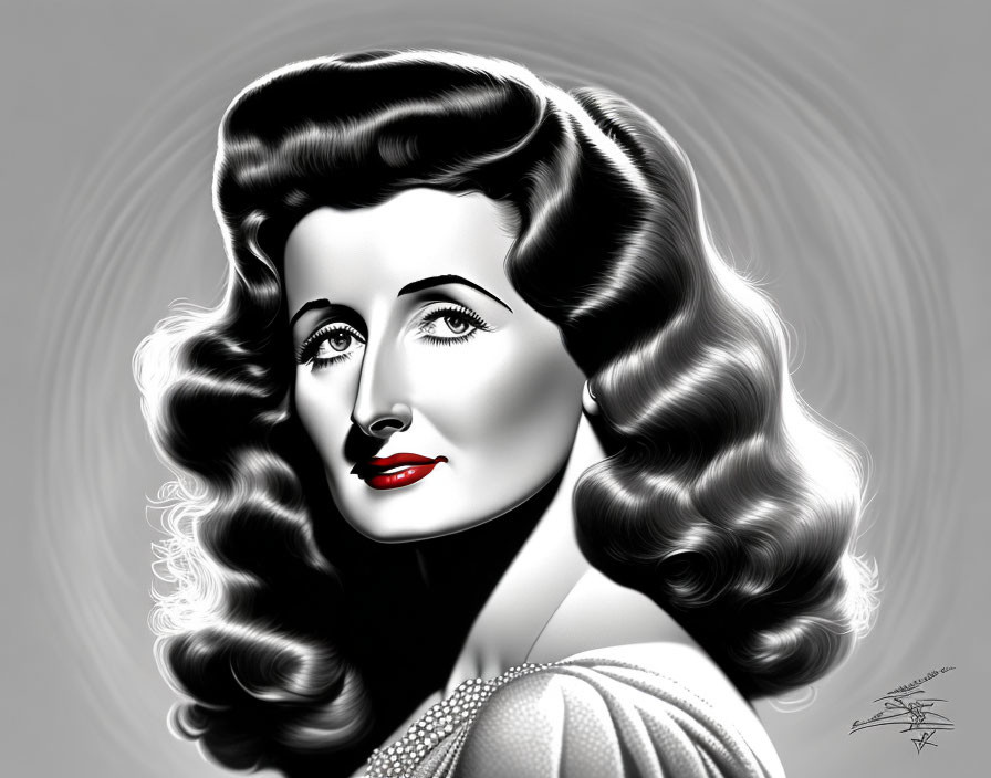 Monochrome digital drawing of woman with wavy hair and red lipstick