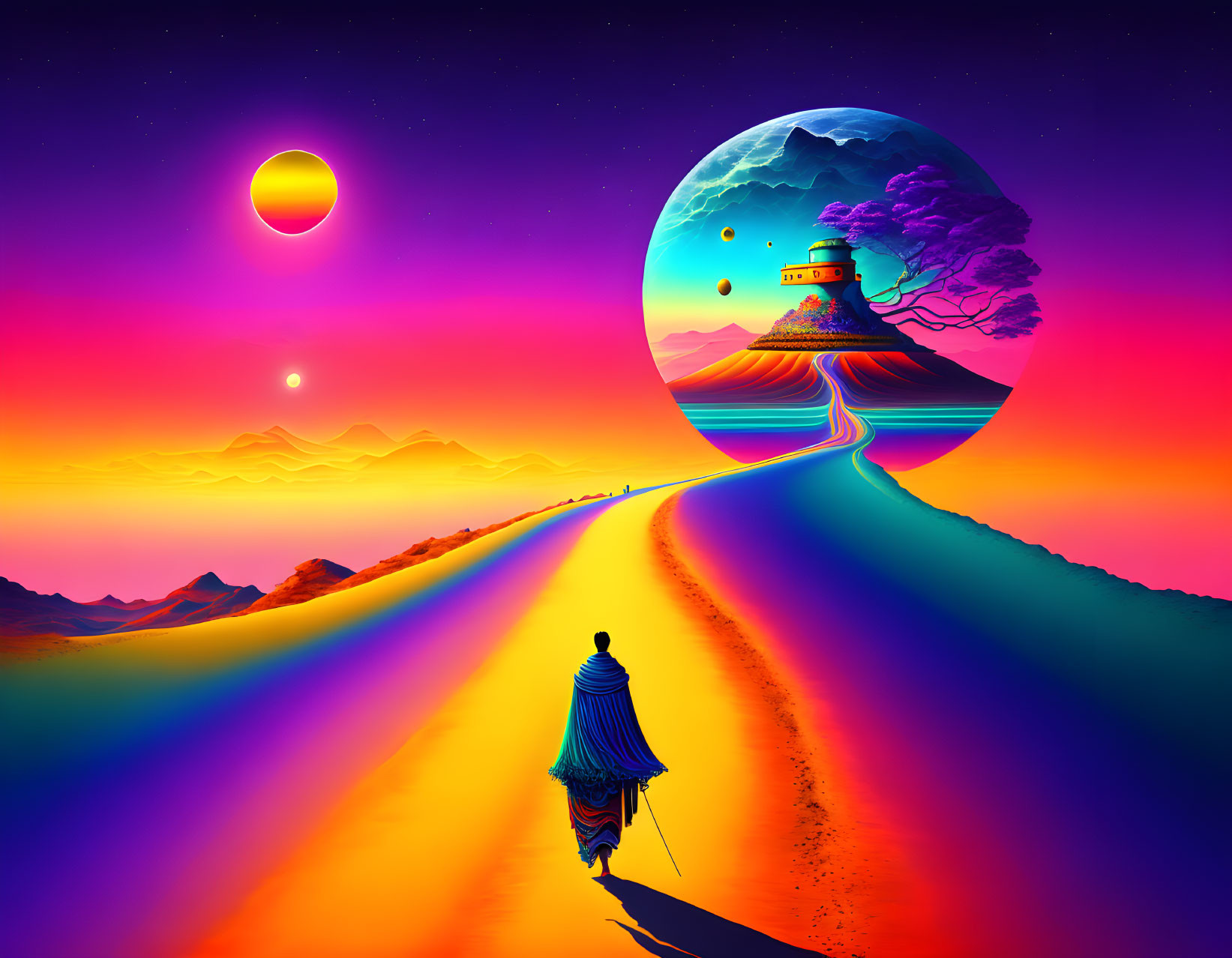 Colorful Path Leading to Surreal Moonlit Landscape