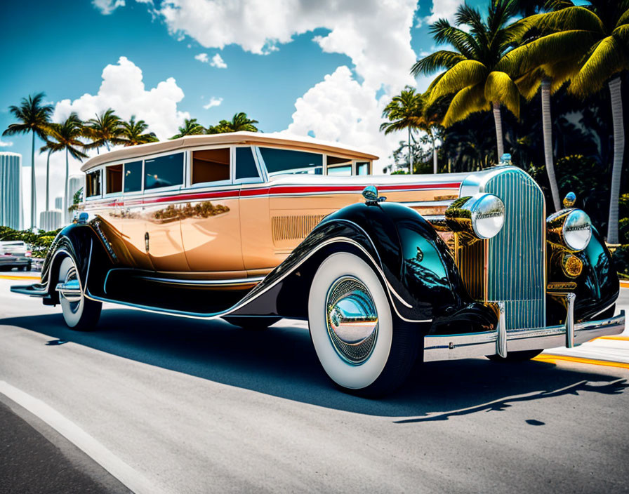 Cream and Brown Vintage Car Under Sunny Skies with Palm Trees