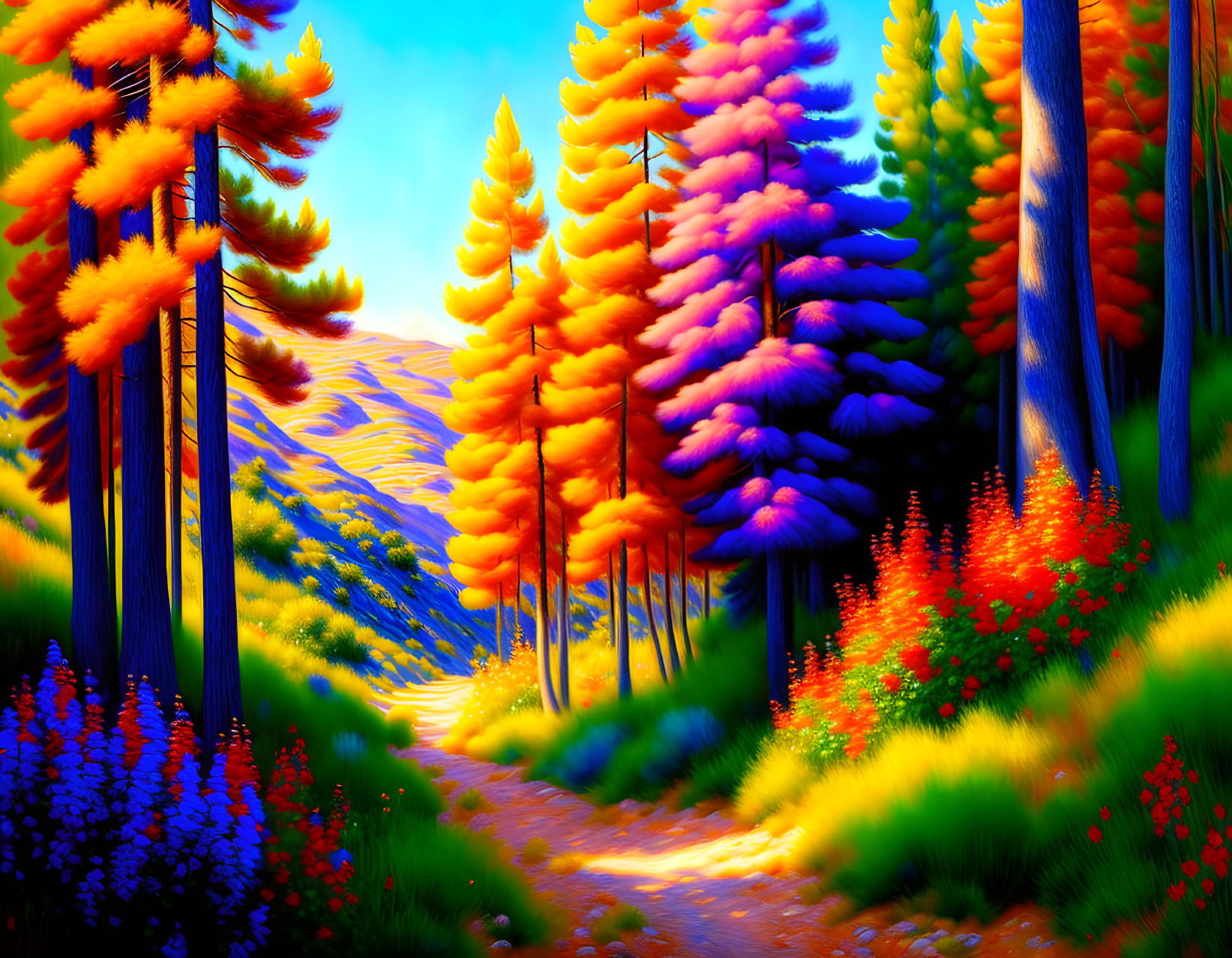 Colorful Stylized Trees in Vibrant Landscape with Sunlit Pathway