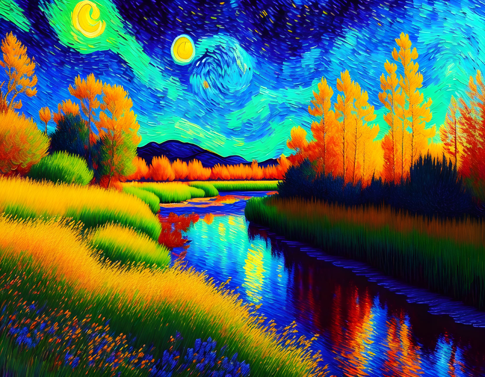 Colorful landscape with swirling sky, yellow trees, reflective river, and starry night backdrop