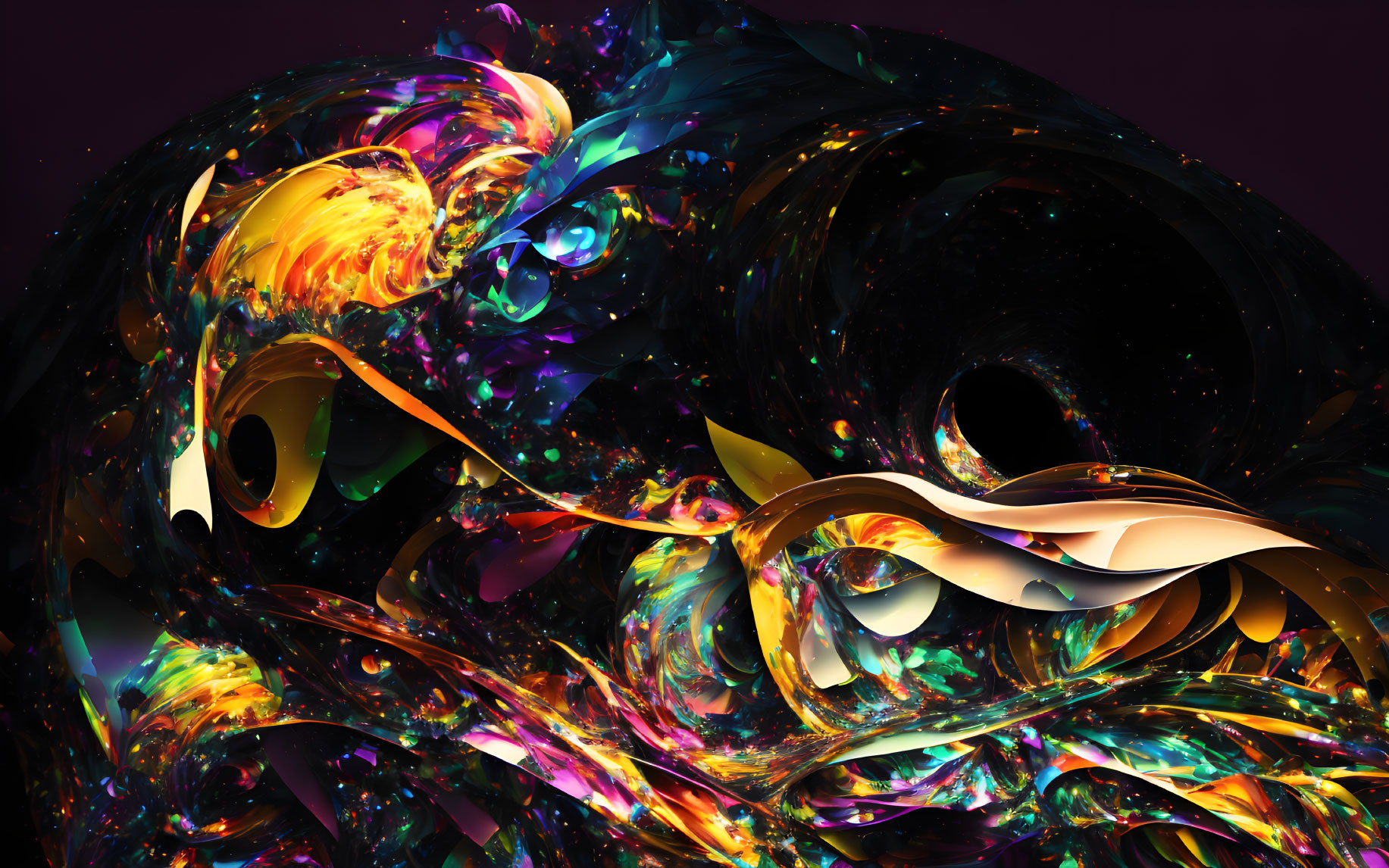 Colorful Abstract Digital Artwork with Swirling Shapes and Glossy Finish