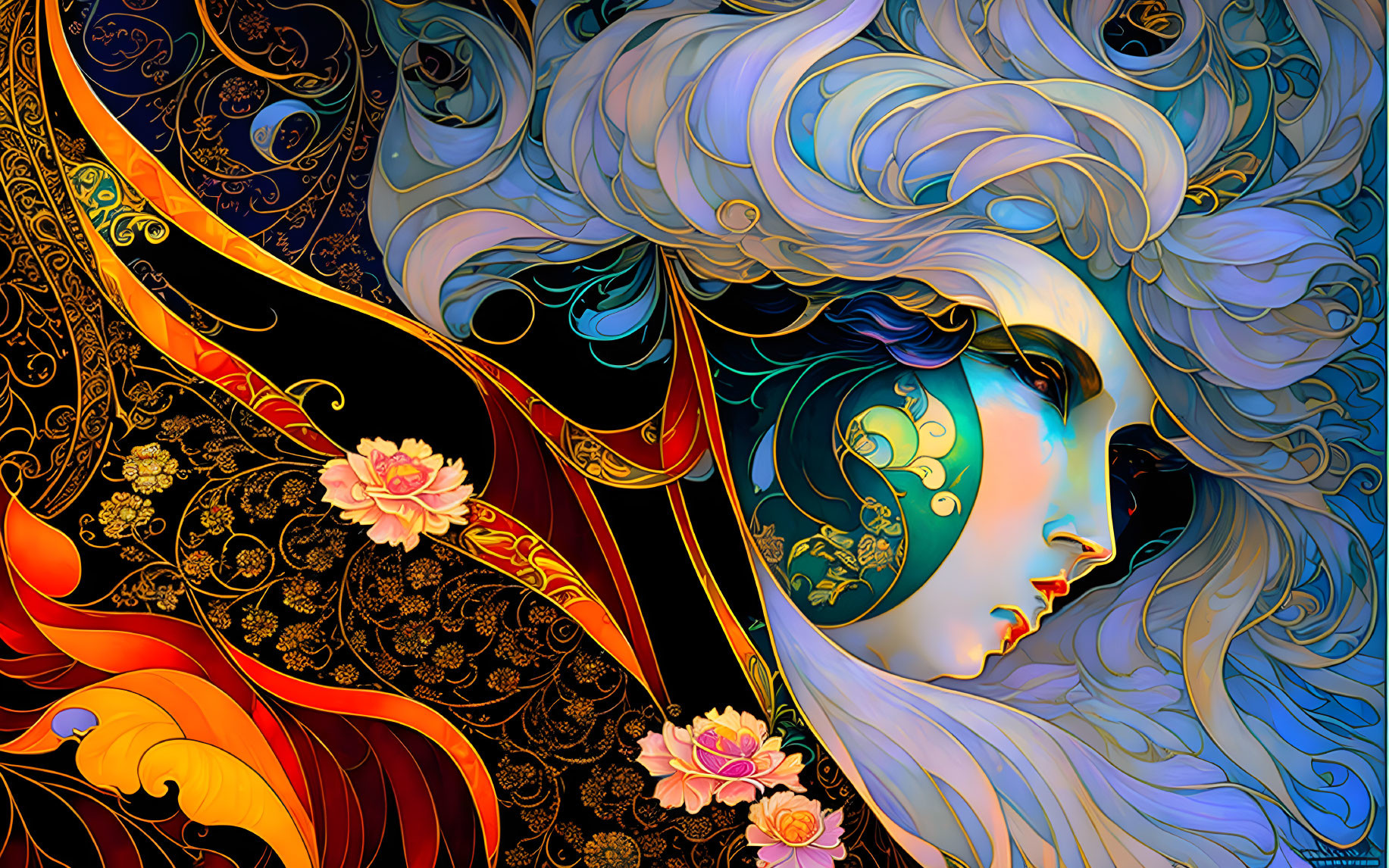 Colorful profile portrait of stylized woman with flowing hair and intricate patterns