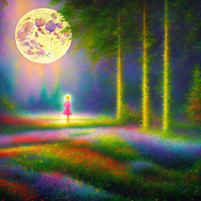 Colorful Fantasy Landscape with Full Moon and Pink Figure