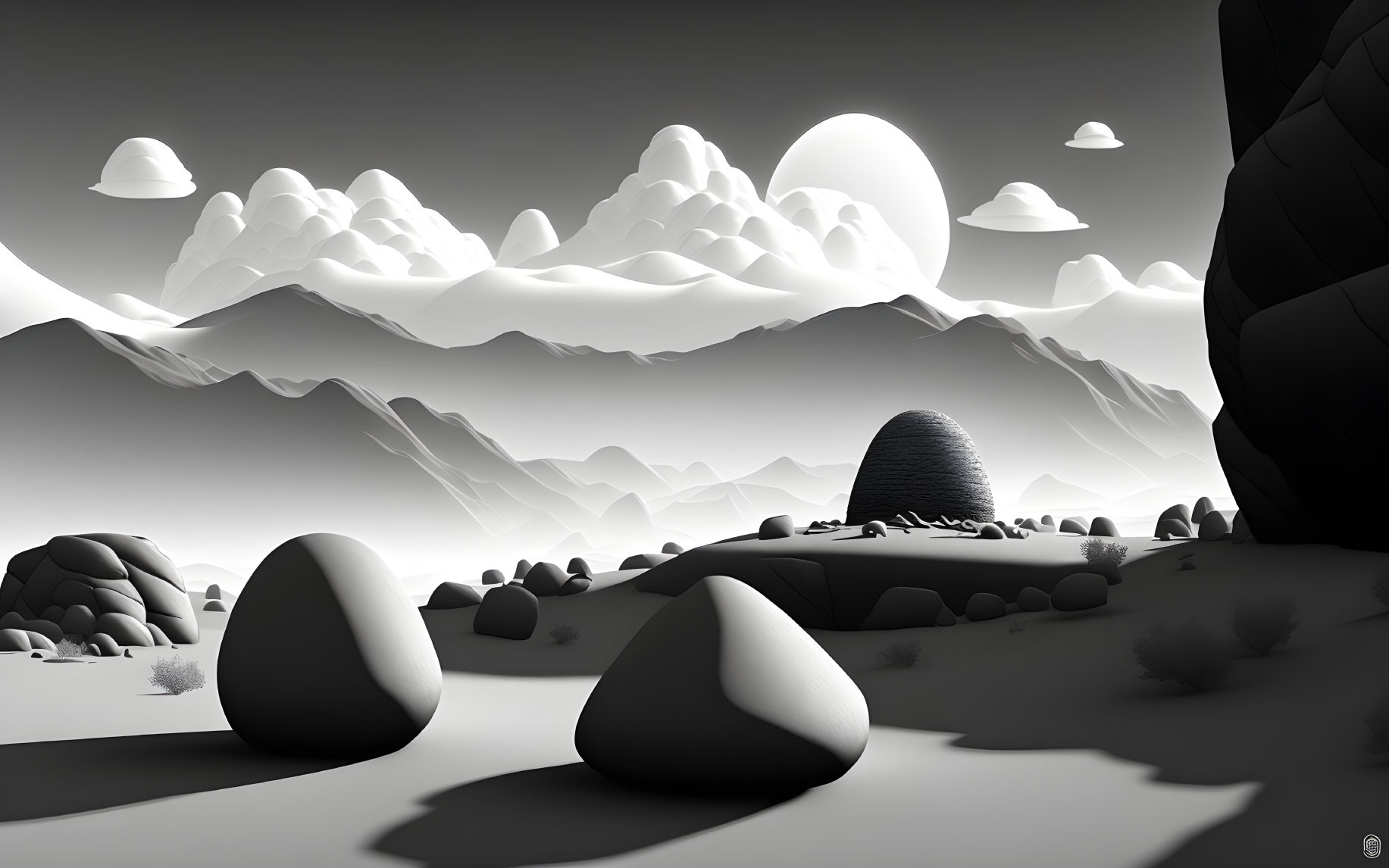 Stylized monochrome landscape with mountains, clouds, sun, boulders, and sparse vegetation