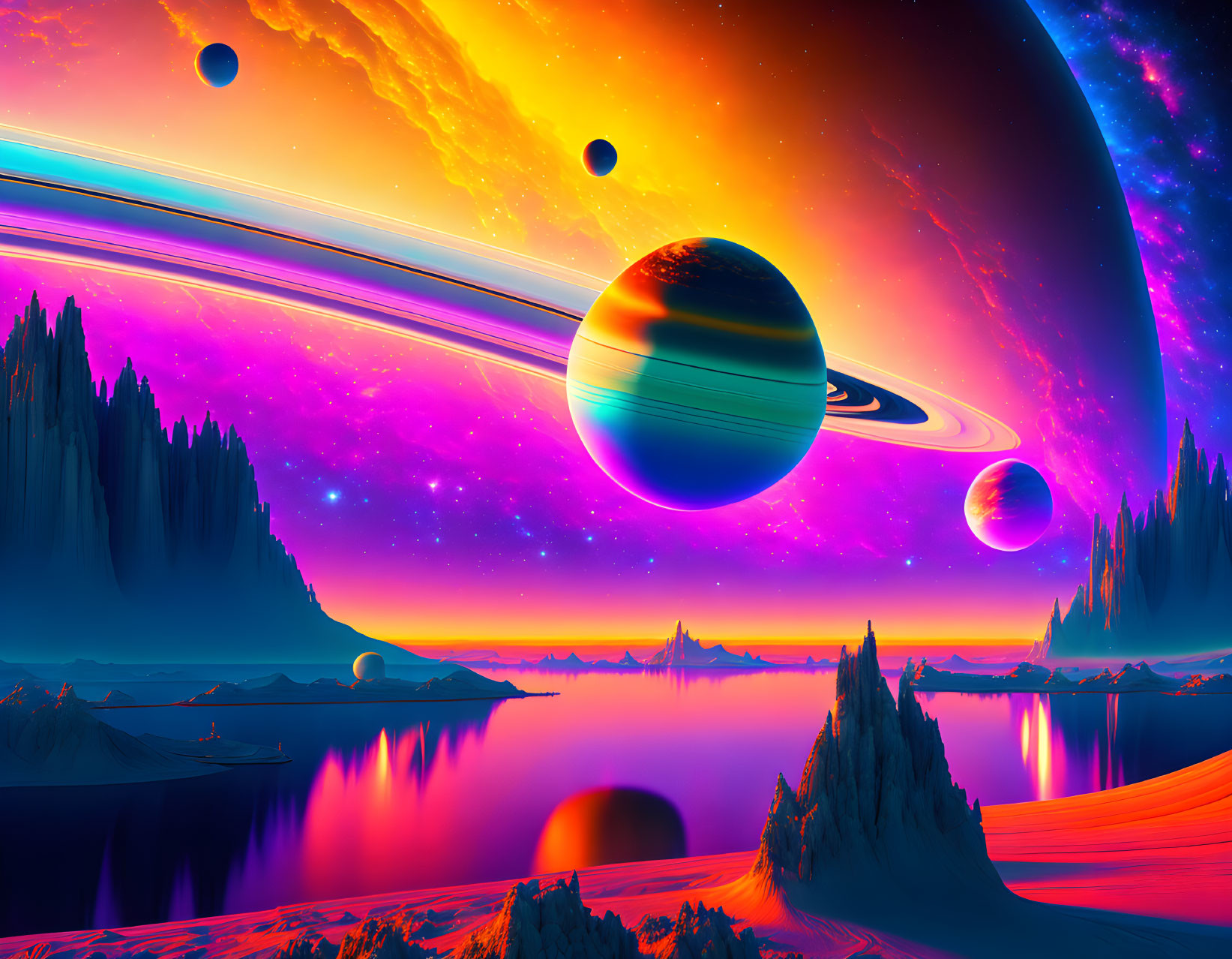 Alien terrain with multiple planets in vibrant sci-fi landscape