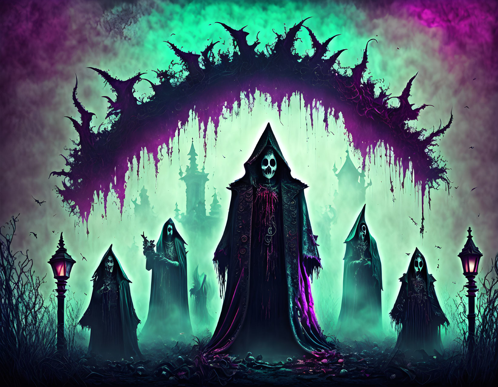 Gothic landscape with cloaked figures and skull faces