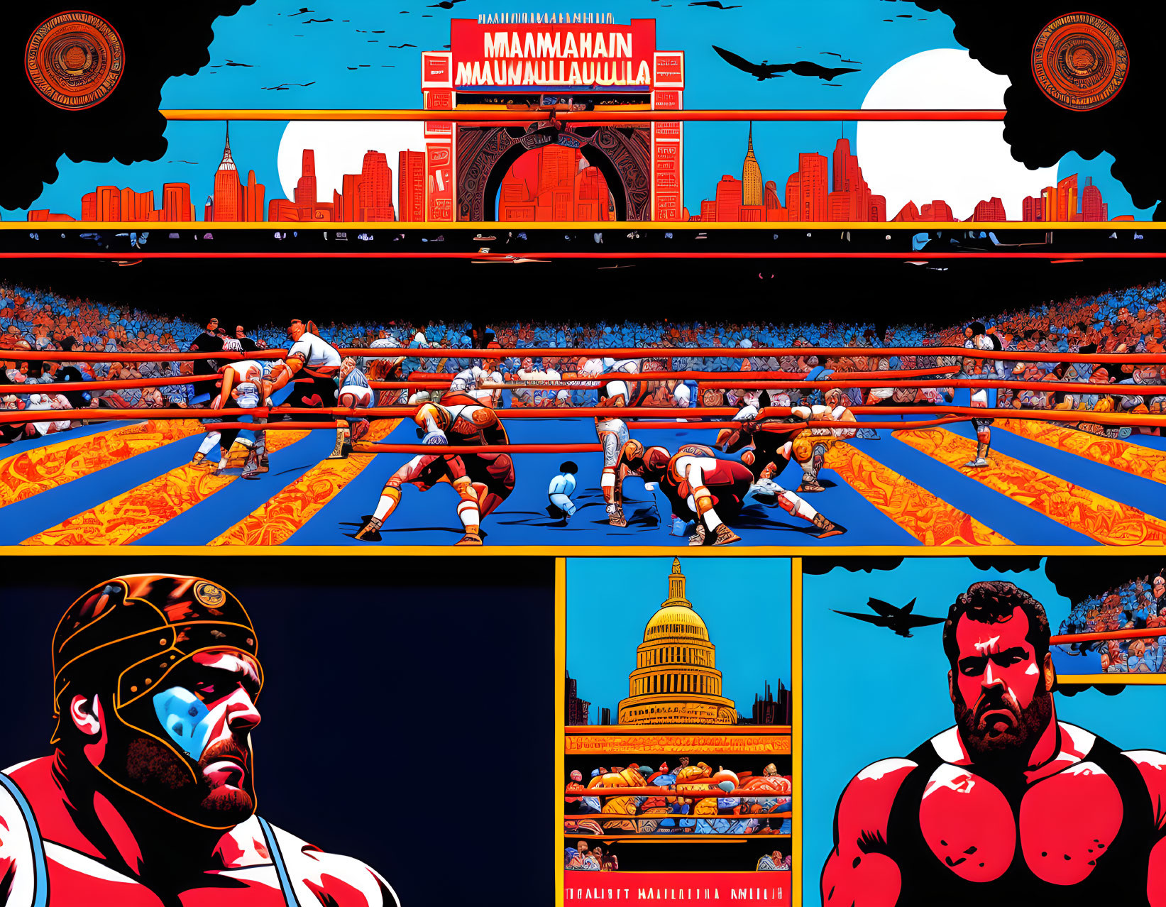 Vibrant wrestling match comic-style illustration