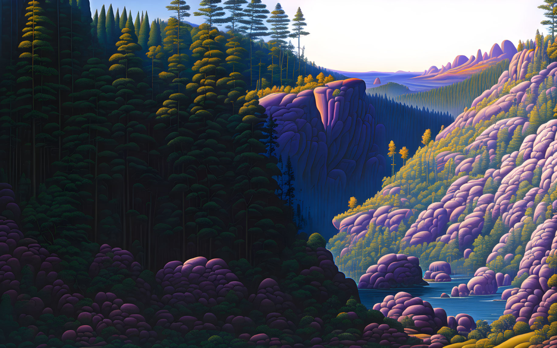 Vibrant digital art: lush forest, layered hills, glowing sunset