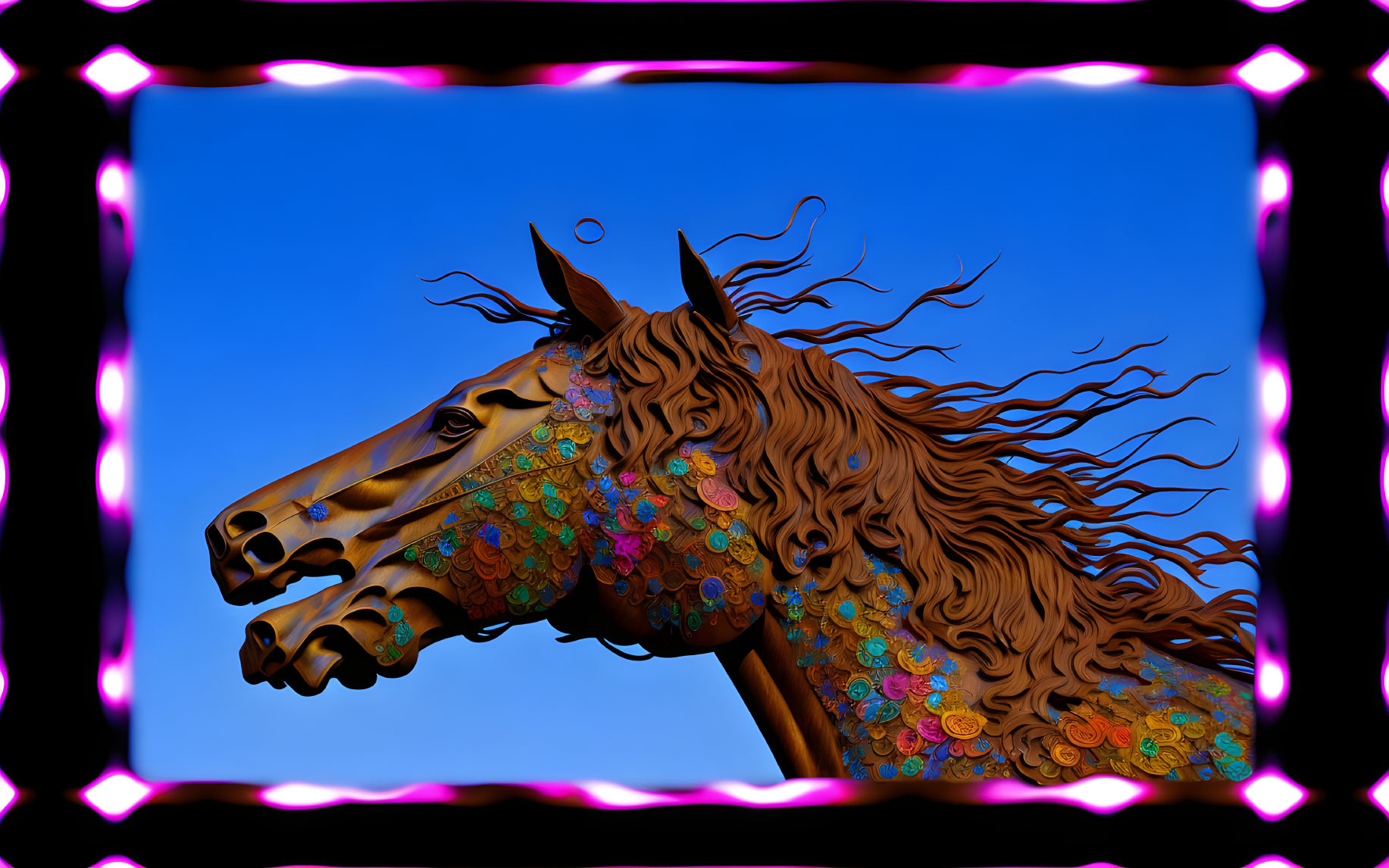 Colorful horse digital artwork with flowing mane and floral patterns in neon hexagonal frame