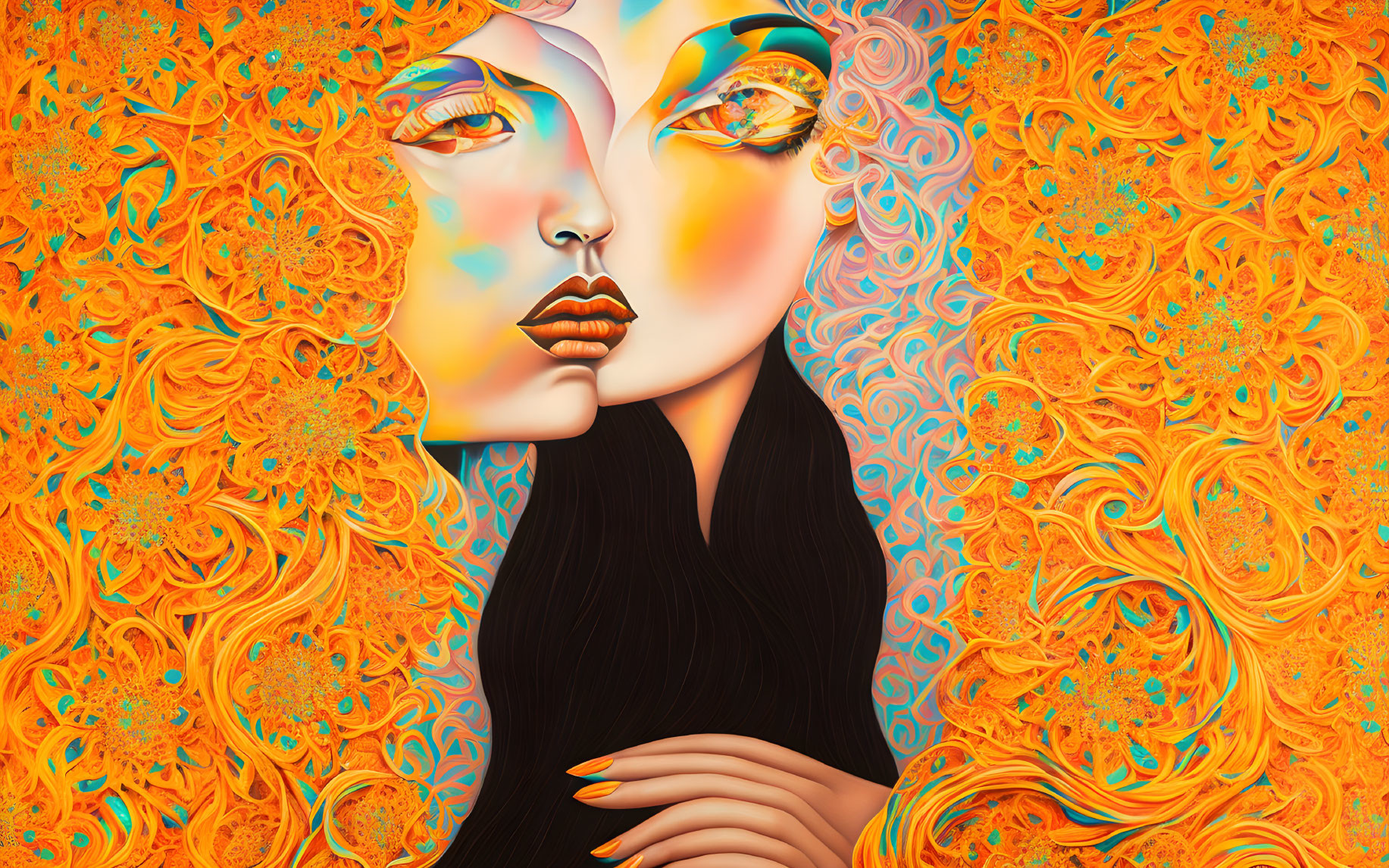 Profile Faces with Orange Swirls on Orange Background