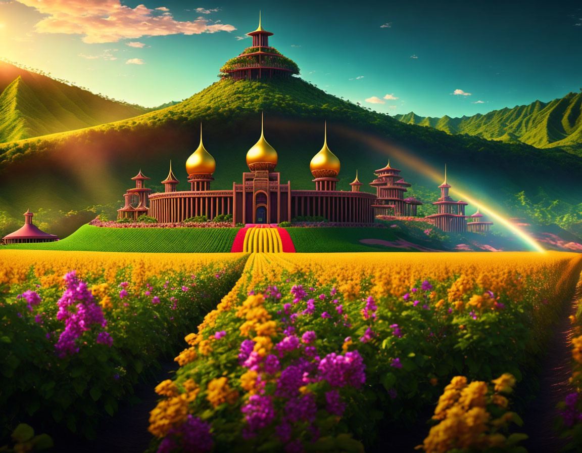 Golden-domed fairy tale castle in lush green mountains with rainbow & vibrant field of flowers